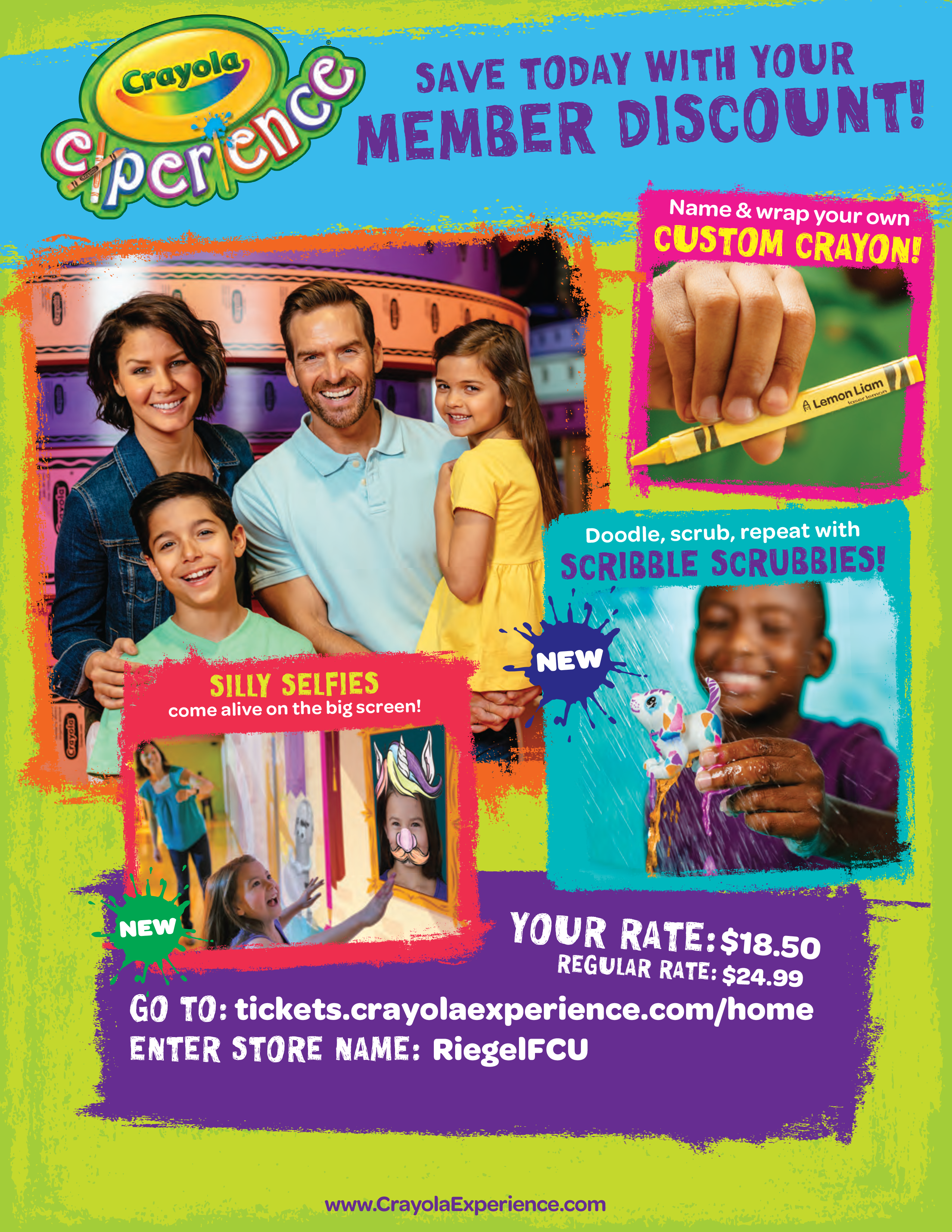 Save with a Riegel FCU member discount at the Crayola Experience!